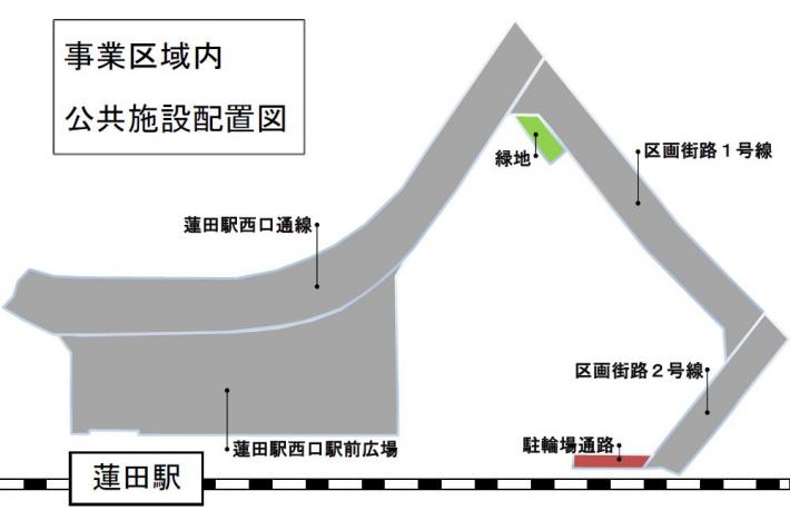 蓮田駅西口駅前広場、蓮田駅西口通線、区画街路1号線、区画街路2号線、緑地、駐輪場通路の配置