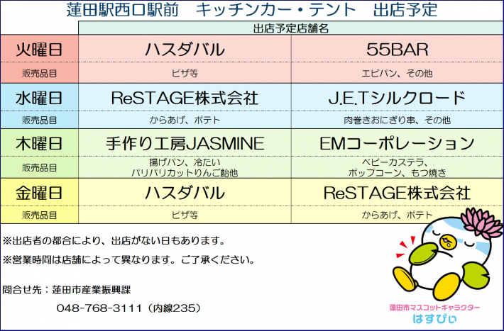 出店商品。火曜日、ピザ、エビパン等。水曜日、唐揚げ、肉巻きおにぎり等、木曜日、揚げパン、ベビーカステラ等、金曜日、ピザ、唐揚げ等